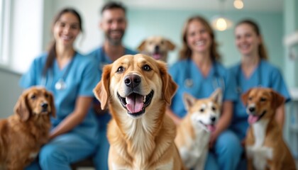 Happy dogs sit with smiling veterinary staff in clinic examination room. Vets wear blue scrubs, caring for pets in a welcoming animal hospital. Pro pet care with attention and aid.