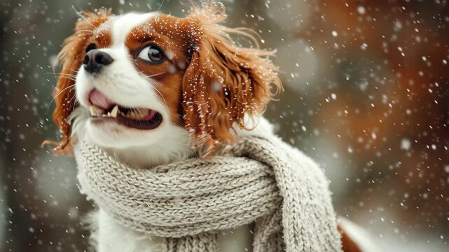 A dog is wearing a scarf and looking at the camera. The scene is set in a snowy environment. Cavalier King Charles Spaniel with white winter scarf, soft warm christmas tones