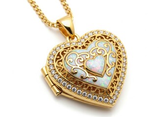 Naklejka premium Ornate gold heart locket pendant with gemstones isolated on white background