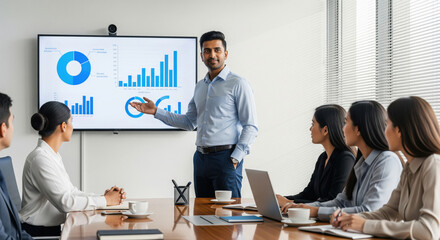 Confident Indian businessman delivering a presentation with charts on a large screen to a diverse team seated around a modern conference table.