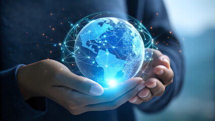 Close-up of hands holding a glowing holographic globe representing global technology and innovation, futuristic blue tones