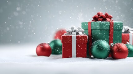 Beautiful Christmas presents and ornaments glistening in the falling snow for a festive winter holiday greeting card or social media marketing campaign