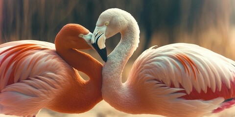 Two flamingos standing elegantly in a serene pond, surrounded by lush nature, symbolizing love and beauty in a Valentine's Day