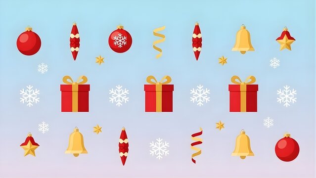 A festive seamless pattern featuring red and gold Christmas ornaments, bells, gifts, and snowflakes on a blue background