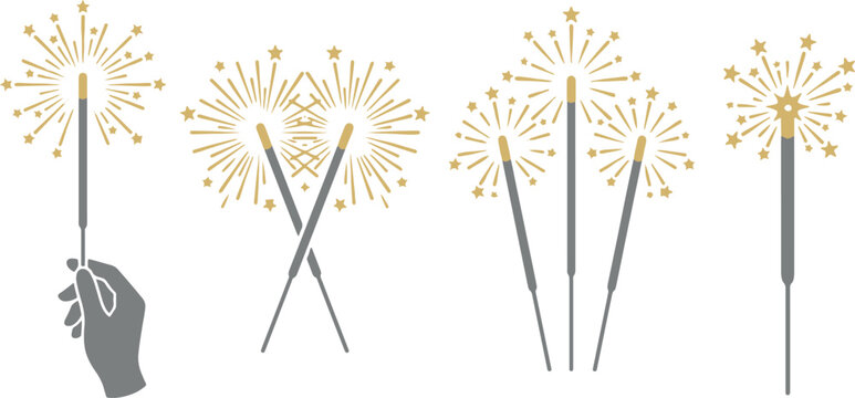 Handheld sparkler firework vector illustration, festive golden sparks for celebration