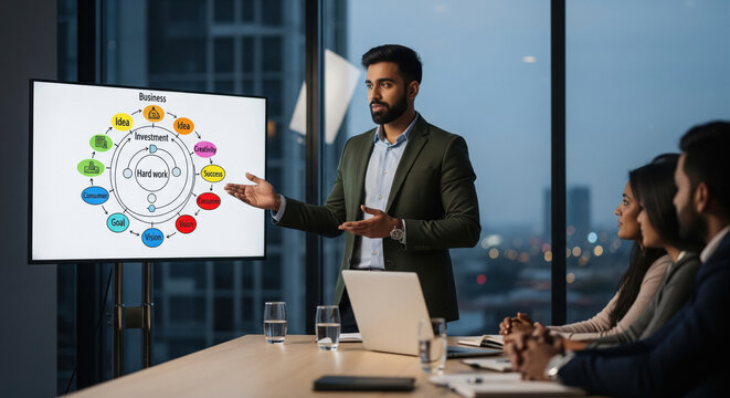 Confident young Indian businessman in a green blazer delivering a business strategy presentation to colleagues in a modern boardroom with a colorful - Powered by Adobe