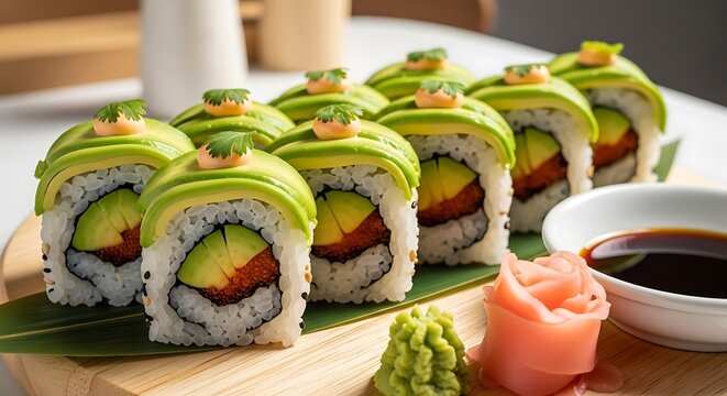 Delicious dragon roll sushi with avocado and soy sauce