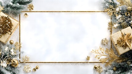 Elegant golden frame for Christmas holiday greetings and invitations with gifts and snowflakes, perfect for festive designs and joyous celebrations