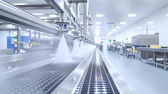 A high-tech industrial sterilization system utilizes water or steam spray nozzles on a conveyor belt in a modern, clean room environment, highlighting hygiene and automation.