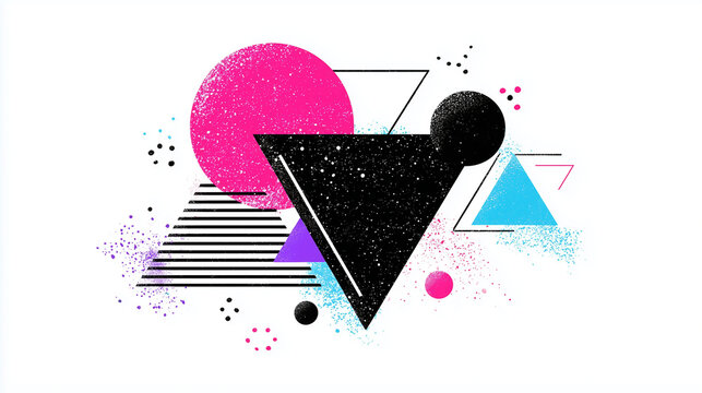 Retro 80s Geometric Abstract Design With Neon Circles, Triangles, And Stripes
