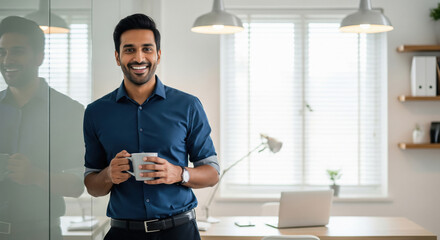 Young indian male corporate employee standing confidently