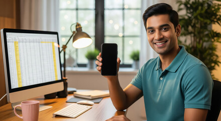 A young professional sits at his desk and confidently holds up a blank smartphone screen beside a large data-filled monitor