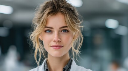 Obraz premium Female-led tech innovation Confident woman in a lab coat smiling at the camera.