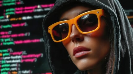 Female-led tech innovation Mysterious figure in glasses with coding background.