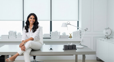 A confident young businesswoman dressed in white sits casually on her minimalist office desk