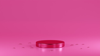 isolated hot pink colored glossy podium placed on hot pink colored background with water drops around it, isolated glossy podium