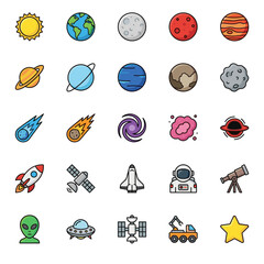 Space and astronomy icons collection, showcasing planets, celestial bodies, rockets, satellites, and extraterrestrial themes in a vibrant flat design. © 张锋