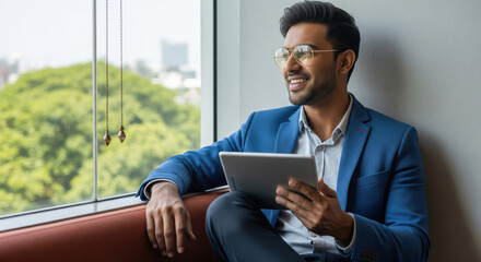 Young Indian businessman in a blue blazer sitting by a large window, calmly using a digital tablet