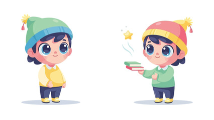 Funny cartoon vector illustration of smiling boy and girl children characters with the books