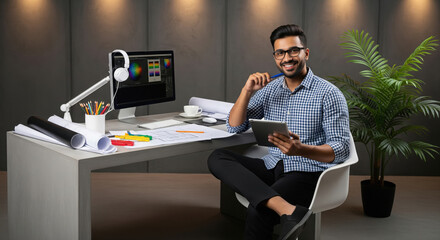 Young Indian designer sitting at a modern desk, thoughtfully working on a tablet amidst blueprints, color tools, and a large monitor in a creative office.