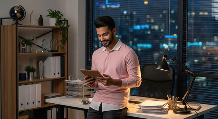 Young Indian professional in a pink sweater leaning against his desk, using a digital tablet while working late in a modern office