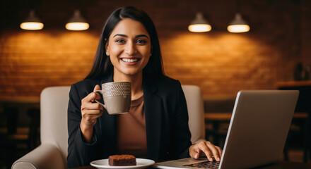 Young Indian businesswoman in a cozy cafe, sipping coffee while working on her laptop in front of a warm brick wall background.