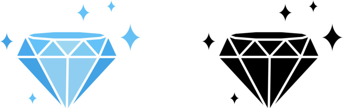 Two diamond icons one colored one silhouette with sparkles