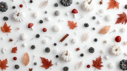 Autumnal Arrangement of Pumpkins, Leaves, and Decorative Elements on White