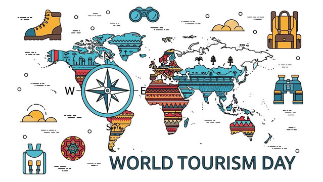 World Tourism Day illustration with world map and travel icons. - Powered by Adobe
