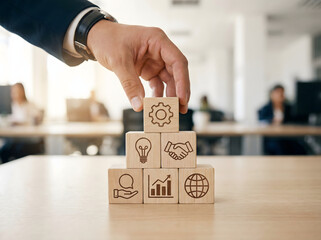 business strategy and innovation concept with wooden blocks