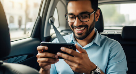 A cheerful young man wearing glasses relaxes in the back seat of a car, smiling as he enjoys a game or video