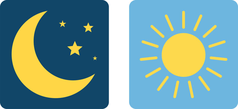 Night moon and stars beside day sun icons