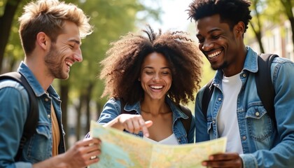 Diverse young friends laugh while consulting a travel map outdoors. They wear denim jackets and backpacks, suggesting a fun city exploration or vacation adventure. People planning trip together.