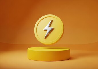 Yellow coin with lightning bolt symbol isolated on white background