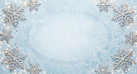Clean winter New Year frame with icy blue background, silver snowflakes around corners empty center space for text
