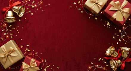 Elegant New Year flat lay with red backdrop, gold bells and wrapped gifts on corners, soft festive sparkle empty center space for text