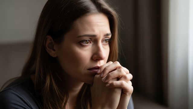 Young woman contemplating with concerned expression in soft light setting - Powered by Adobe