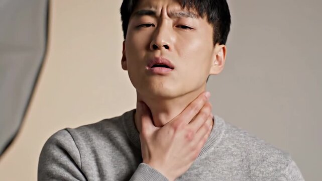 Man Experiencing Throat Discomfort in Studio Setting with Various Facial Expressions