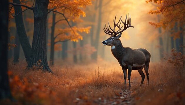 Whitetail deer buck stands in autumn forest setting. Majestic stag with large antlers looks left on narrow path. Golden fall leaves cover ground, trees glow with warm sun light. Wild animal in