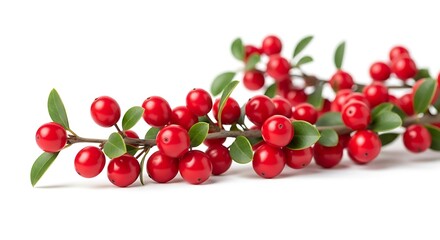 Vibrant Red Berries on a Branch Isolated on White Background.