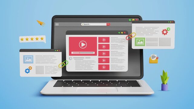 Powerful Link Building Strategies, Higher Rankings, Strong Backlinks, Organic Traffic Growth, Better Visibility, Improved SEO. Video Content Page Linked to Others Websites on Laptop. 3D Video