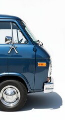 Classic blue van profile against white background for commercial use