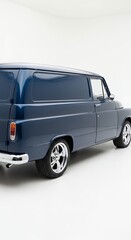 Classic blue van side view isolated against white backdrop for design