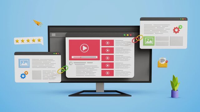 Powerful Link Building Strategies, Higher Rankings, Strong Backlinks, Organic Traffic Growth, Better Visibility, Improved SEO. Video Content Page Linked to Others Websites on Computer. 3D Video