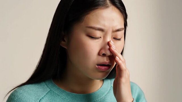 Woman Experiencing Allergy Symptoms: Discomfort, Facial Expressions, Sneezing Sequence Closeup