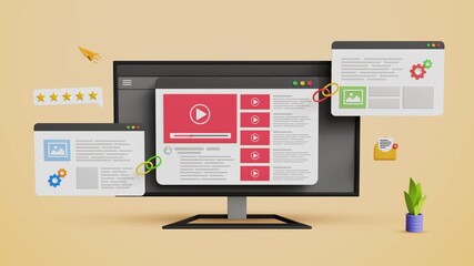 Video Content Backlink Building, Leading Links, Organic Growth Strategy, Backlink SEO, Website Advertising, improving Search Engine Visibility. Computer with Website Page Linked Other Sites. 3D Video