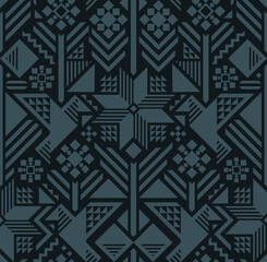 DARK TURQUOISE SEAMLESS VECTOR ABSTRACT GEOMETRIC BACKGROUND WITH LIGHT TURQUOISE STYLIZED PATCHWORK BIRDS AND FLOWERS