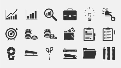 A black set of business vector icons for web design including money, mail, printer, bank, and laptop symbols
