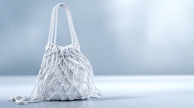 White Net String Bag With Drawstring Handles, Minimalist Eco Tote For Shopping And Beach Carry