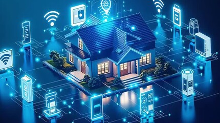 A futuristic smart home model centralizes IoT connectivity and automation, surrounded by glowing digital device icons and interconnected blue data lines on a dark technological background. - Powered by Adobe